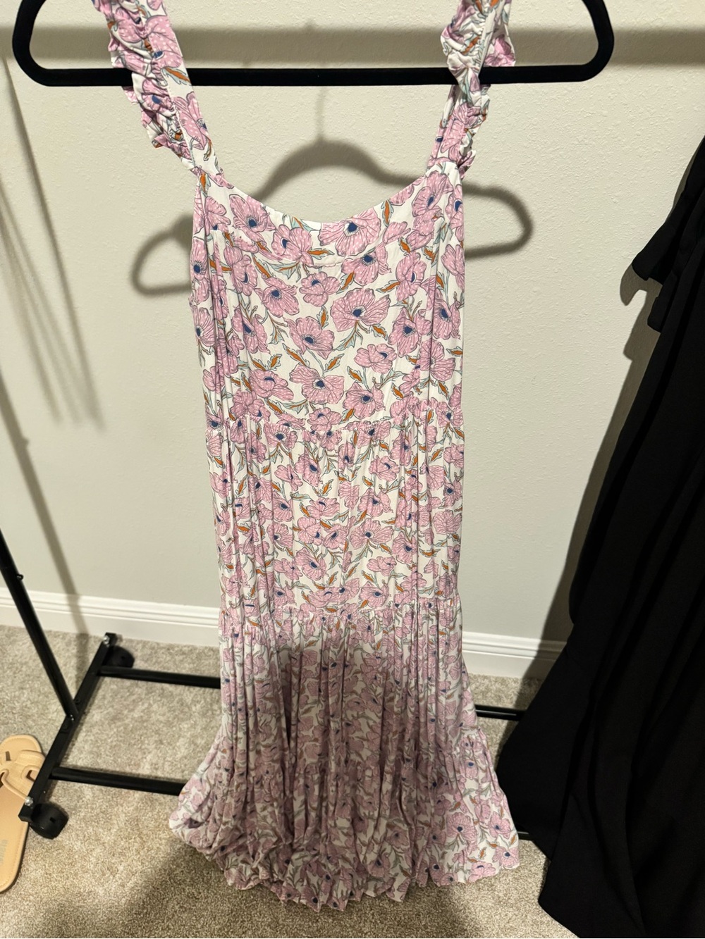 Pink Floral Ruffled Strap MidiDress